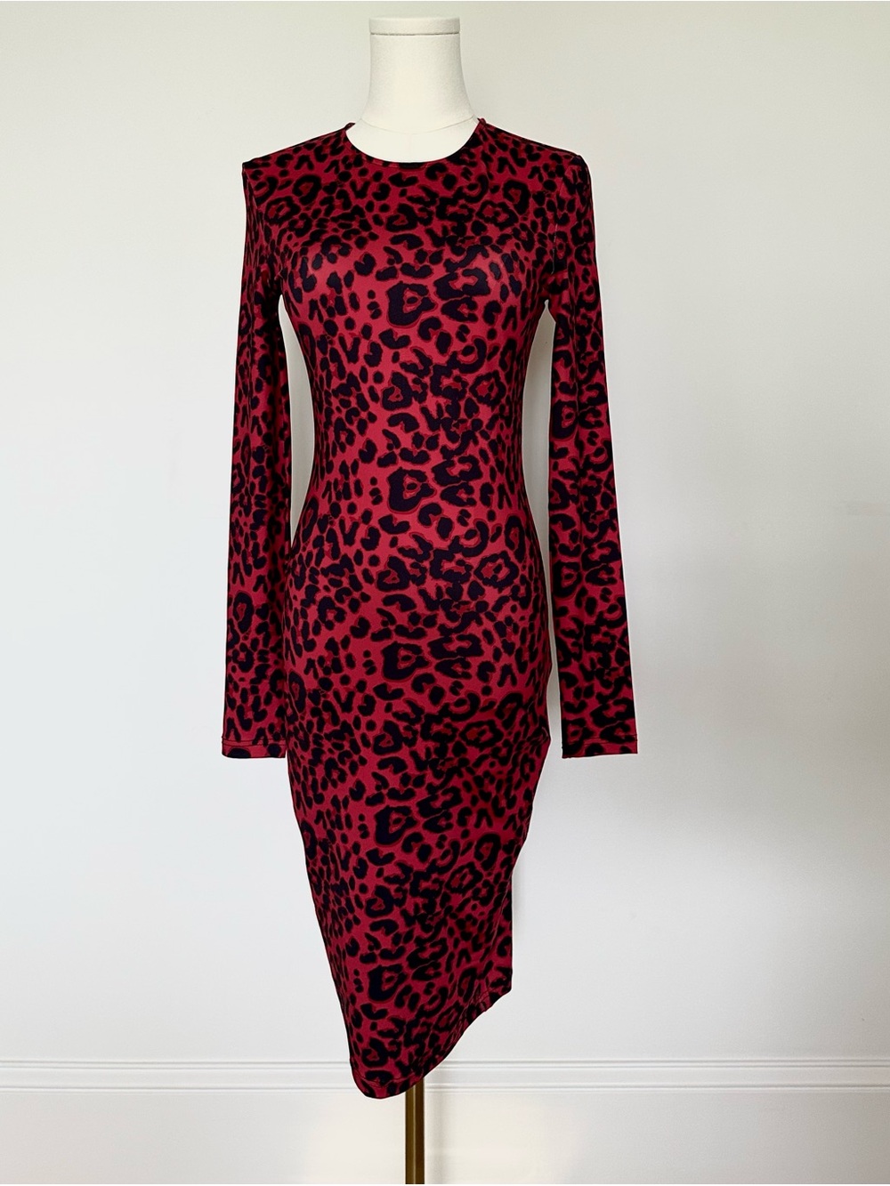 Red Leopard Print Long Sleeve Bodycon  Midi Dress By Egreis S
